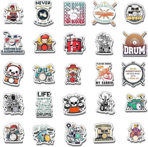 50 Pack Pcs Funny Drummer Stickers for Water Bottles Waterproof Vinyl Laptop Luggage Scrapbooking Drum Music Sticker Packs Bulk Set Adults Teens Boys Girls Aesthetic Small Decals in Saudi Arabia