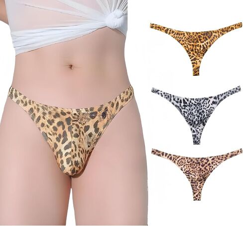 Men's Leopard Print Thong U Drum Bag Sexy Gold/Black/Skin 3 Pack in Saudi Arabia