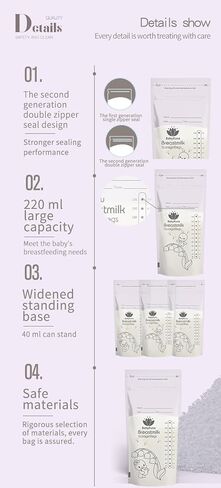 Premium Breast Milk Storage Bags - 120-Pack, 220ml, Double Zipper, Self-Standing, Leak-Proof, Pre-Sealed in Saudi Arabia