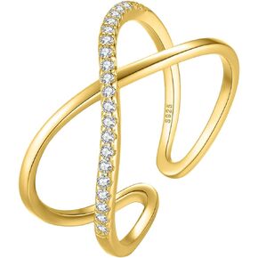 FUNYCHEN Sterling Silver X Ring for Women S925 Criss-cross Ring Band Dainty Stacking Rings Fashion Statement Wide Ring Cubic Zirconia Adjustable Open Promise Ring for Her Jewelry Gift