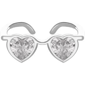 ZZ ZINFANDEL Rhinestone Silver Heart Eyeglasses Open Ring for Women Men,Cute Cubic Zirconia Love Heart Eyeglasses Stackable Finger Rings Jewelry for Girls Gifts