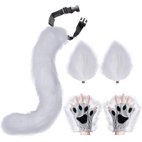 Rbenxia Faux Fur Wolf Fox Tail Hair Clips Ears and Gloves Set Halloween Christmas Fancy Party Dress Up Cosplay Costume
