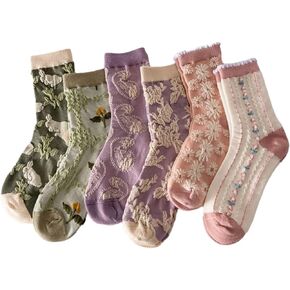 MeganJDesigns 6 Pairs Cotton Socks Thick Knit Breathable Winter Crew Floral Socks Set for Women Girl Gifts