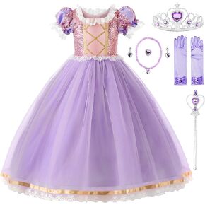 Girls Princess Costume Puff Sleeve Sequin Cosplay Dress with Accessories