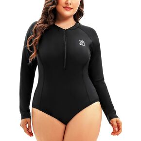 Holipick Plus Size One Piece Rash Guard for Women Long Sleeve Swimsuit Zipper UPF 50+ Surfing Bathing Suit