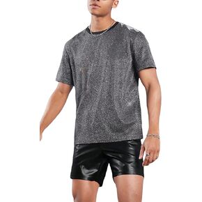WDIRARA Men's Contrast Glitter Colorblock Round Neck 2 Piece Short Sleeve Tee With Pu Leather Shorts Set