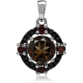 Silvershake Natural Round Shape Smoky Quartz Garnet and Black Spinel 925 Sterling Silver Pendant