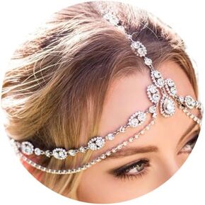 Aceorna Rhinestones Head Chain Bridal Forehead Headband Boho Hair Chain Layered Headpiece Wedding Head Jewelry for Women