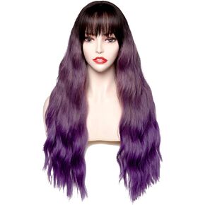 Rugelyss Ombre Black to Tora Purple Wig with Air Bang Long Fluffy Curly Pastel Wavy Wigs for Women Synthetic Cosplay Party Hairpieces (purple ombre) (purple ombre) in Kuwait