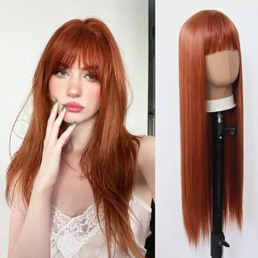 Towarm Wine Red Wig with Bangs Burgundy Long Straight Wig with Fringe Natural Fashion Heat Resistant Ladies Full Wigs for Black Women Cosplay Daily Wear Wig (Burgundy)