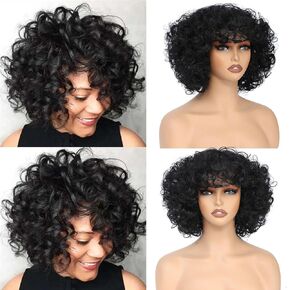 ByouByou Afro Short Curly Wig for America Women Cosplay Anime Party Christmas Halloween Fancy Funny Clown Wigs Synthetic Hair (Black)