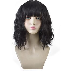 Blonde Wavy Wig Short Bob Wigs With Air Bangs, Curly Wavy Shoulder Length Short Synthetic Cosplay Costume Wig for Girl Women