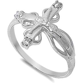 Savlano 18K White Gold Plated Round Cut Cubic Zirconia Sideways Filigree Cross Crucifix Jesus Band Ring Women's Girl's Religious Ring