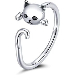 Lovely Cat Adjustable Ring 925 Sterling Cubic Zirconia Animal Ring Silver Simple Cute Pet Kitty Wrap Stackable Statement Wedding Engagement Finger Rings Fashion Jewelry Gifts for Girls Women