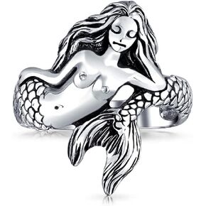 Mermaid Ring, Mermaid Tail Ring for Women Men, Cute Dolphin Tail Ring Fairytale Ring Norse Viking Mermaid with Long Hair Ring Beach Mermaid Tail Jewelry, Punk Mermaid Ring for Girls Boys