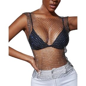 Women's Sexy Rhinestone Mesh Crystal Tank Tops See Through Hollow Out Crop Top Sleeveless T-Shirt for Festival Rave Costume