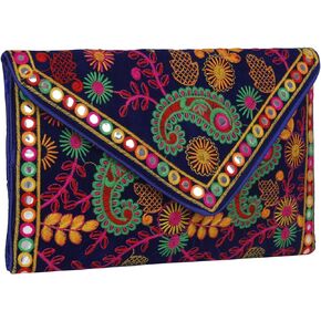 Rajasthani Designed Sling Bag, Foldover Clutch, Hand Bag, Shoulder Bag & Cross Body Bag for Women & Girls (Blue Multi Color)