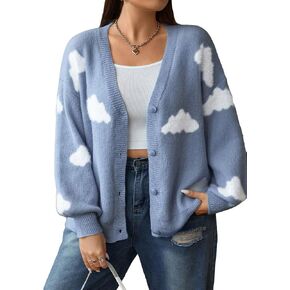 SHENHE Women's Plus Size Button Down Cute Cloud Cardigan V Neck Soft Loose Cardigan Sweater