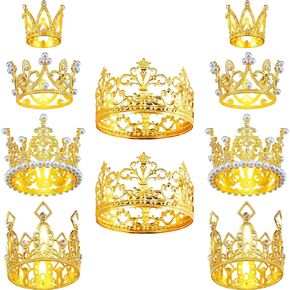 10 Pieces Crown Cake Topper Birthday Mini Crown Pearl Crystal Tiara Vintage Small Crowns Metal Crown Decorations for Wedding Birthday Baby Shower Party, 5 Styles(Gold)