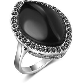 Black Retro Marcasite Rings for Women, Fashion Cocktail Statement Rings Costume Vintage Crystal Big Onyx Stone Rings Jewelry for Women Gifts for Her