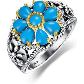 خاتم فيروزي مقاس 7/8/9 925 من الفضة الإسترليني العتيق زهرة الفيروز والأحجار الكريمة خاتم بيان فيروزي بوهيمي مجوهرات هدايا للنساء والزوجة والأم in Kuwait