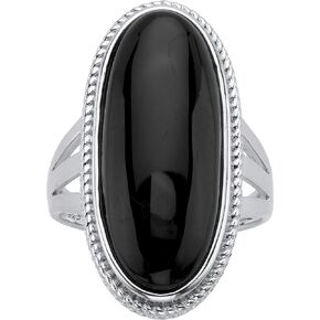PalmBeach Sterling Silver Oval Shaped Natural Black Onyx Spllit Shank Ring Sizes 6-12