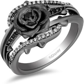 Jewelili Enchanted Disney Fine Jewelry Black Rhodium Over Sterling Silver with 1/5 CTTW Black and White Diamond with Black Onyx Maleficent Ring
