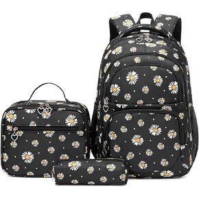 YJMKOI 3Pcs Daisy Prints Backpack for Girls Middle-School Elementary Students Bookbag Set with Lunch Box (Black)