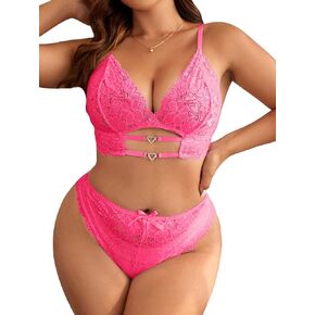 WDIRARA Women's Plus Size Floral Lace Mesh Rhinestone Lingerie Sets Bralettes and Panty Set