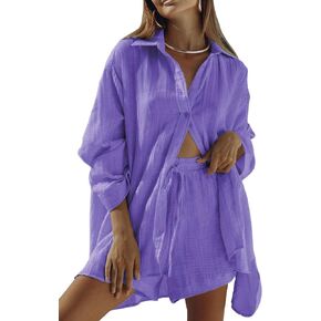 طقم كتان نسائي من Viracy بأكمام طويلة مكون من قطعتين قميص وسروال قصير بأزرار للأسفل بدلة رياضية غير رسمية لقضاء العطلات في الخريف in Kuwait