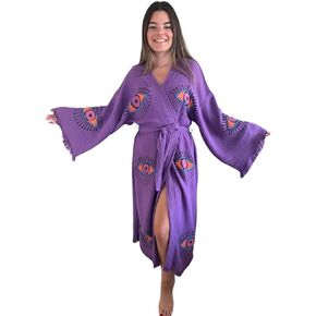 muslin babies muslin.babies Handmade Evil Eye Kimono - Purple Festival Women Clothing - Bohemian Robe - Boho Cotton Cardigan - Dressing Gown