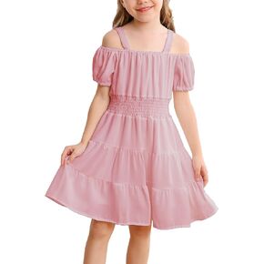 Girls Summer Puff Sleeve Dress Off Shoulder Cami Casual Elegant Dresses for 4-13 Years