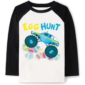 Tkria Boys Girls Easter Day Bunny Egg Hunt Shirts Raglan Long Sleeve Monster Truck Excavator Gnome Rainbow Top for Kid 2-10T