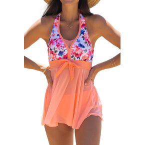Beachsissi Womens Halter Neck Two Pieces Swimwear Tie Floral Tankini Set