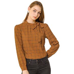 Allegra K Women's Bow Tie Neck Grid Checks Shirt Office Work Tops Blouses