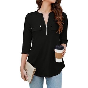 LuckyMore Womens 3/4 Sleeve Business Casual Tops Zip V Neck Work Tunic Blouses Shirts
