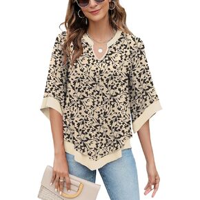 Micoson Womens 3/4 Sleeve Chiffon Blouses V Neck Double Layers Mesh Shirts Dressy Flowy Tunic Tops