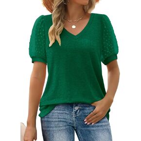 Womens Summer Tops 2023 Short Sleeve V Neck T Shirts Swiss Dot Puff Sleeve Tops Loose Casual Tshirts