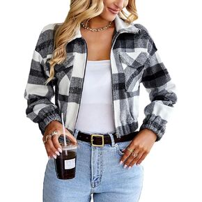 Lingjiazi Womens Cropped Flannel Plaid Shacket Zip Up Shirts Jackets with Pockets
