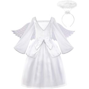 ReliBeauty Girls Angel Costume for Kids White Fancy Princess Tulle Dress with Wings and Halo