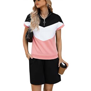 Marvmys Women Two Piece Sweatsuit Set Color Block Lounge Outfits Half Zip Tracksuit Shorts Sets with Pockets
