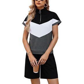 Marvmys Women Two Piece Sweatsuit Set Color Block Lounge Outfits Half Zip Tracksuit Shorts Sets with Pockets