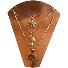 TWINKLEDE Boho Layered Necklace Gold Elephant Pendant Necklaces Chain Nefertiti African Map Necklace Jewelry for Women and Girls