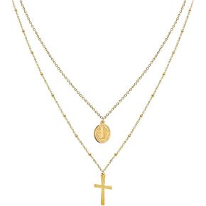 Nazareth Store Layered Cross Necklaces for Women, Dainty 14K Gold Plated 18" Necklace Saint Benedict Medal Protection Amulet Chain Gold Choker Trendy Jewelry Gift