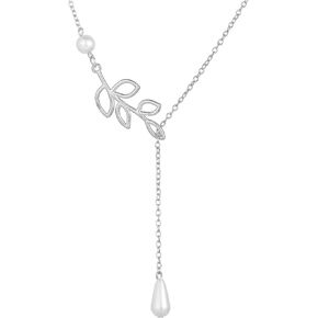 Kercisbeauty Simple Freshwater Pearl Leaves Pendant Silver Thin Chain Y Necklace for Women and Girls,Handmade Unique Necklace,Gift for her,Party,Daily Life,Anniversary,Birthday,Valentine's Day in Kuwait