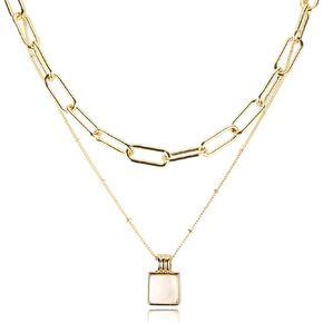XILAZAB Gold Plated Layered Choker Necklace for Women Dainty Gold Parperclip Chain Link Double Necklace Elegant Mother of Pearl Pendant Stacked Necklace for Women Grils Gifts