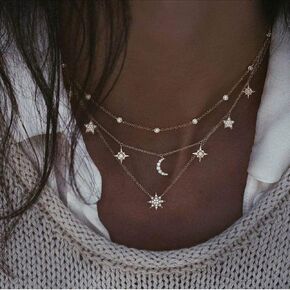 Woent Layered Stars and Moon Choker Necklaces Gold Fashion Crescent Crystal Pendant Necklace Chain Adjustable Jewelry for Women and Girls