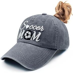 Women's Embroidered Soccer Mom Ponytail Hat Adjustable Washed Soccer Games Baseball Cap