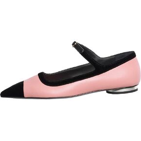 Women’s Mary Jane Flats Shoes Two Tone Splicing Suede Pointed Toe Pumps Buckle Ballet Flat
