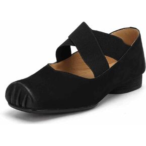 Womens Nubuck Leather Ballet Flats, Retro Square Toe with Wide Elastic Crisscross Band Low Thin Heel Shoes for Everyday Wear